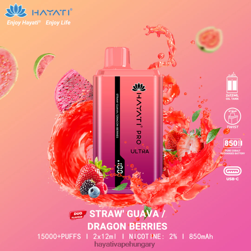 Hayati Pro Ultra eldobható 15000 puff eper guava/sárkány bogyó P2LLJ4224 - Hayati Vape Flavours