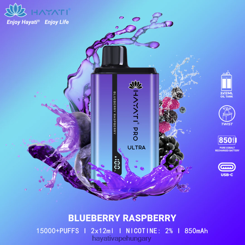 Hayati Pro Ultra eldobható 15000 puff áfonyás málna P2LLJ4196 - Hayati Flavour Vapes