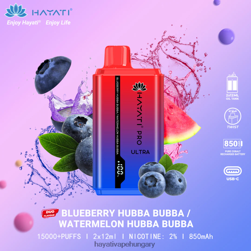 Hayati Pro Ultra eldobható 15000 puff áfonya hubba bubba/görögdinnye hubba bubba P2LLJ4217 - Hayati Vape Company
